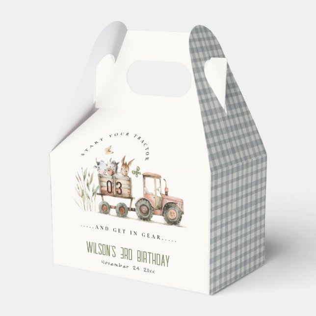 Red Rust Farm Animals Tractor Kids Birthday Favour Box (Front Side)