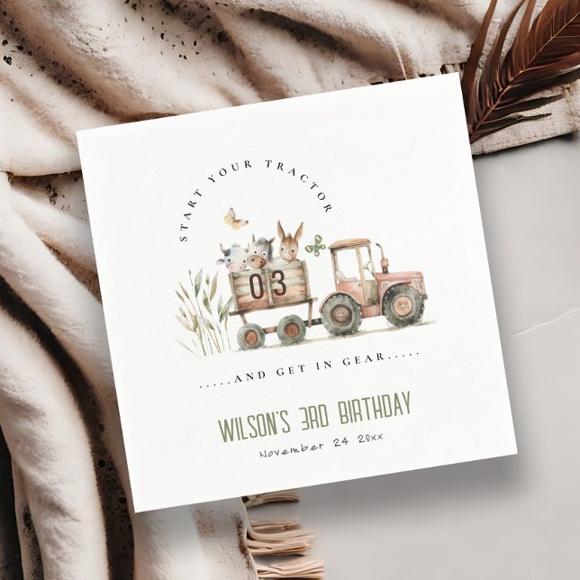 Red Rust Farm Animals Tractor Kids Birthday Napkin (Creator Uploaded)