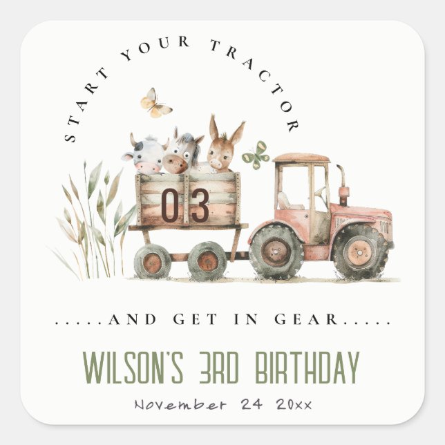 Red Rust Farm Animals Tractor Kids Birthday Square Sticker (Front)