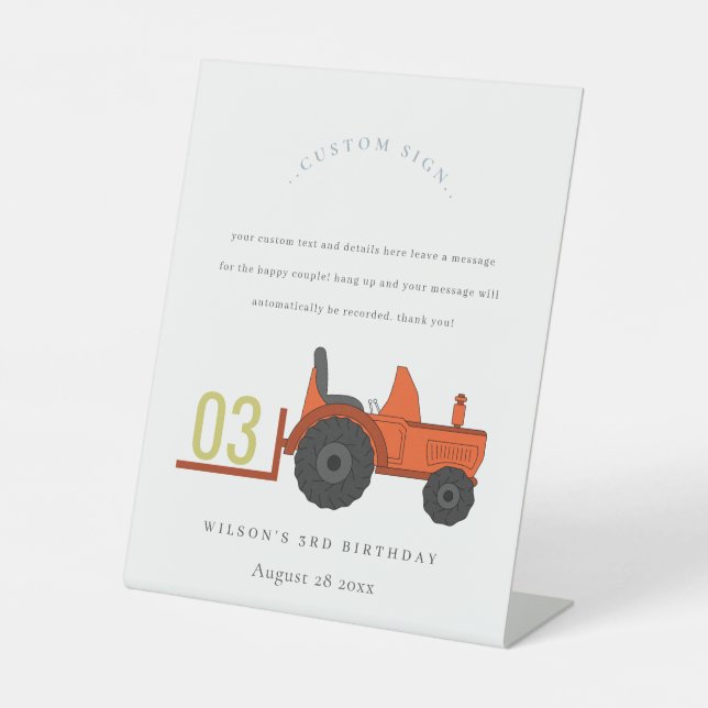 Red Rust Farm Tractor Kids Birthday Custom Party Pedestal Sign (Front)