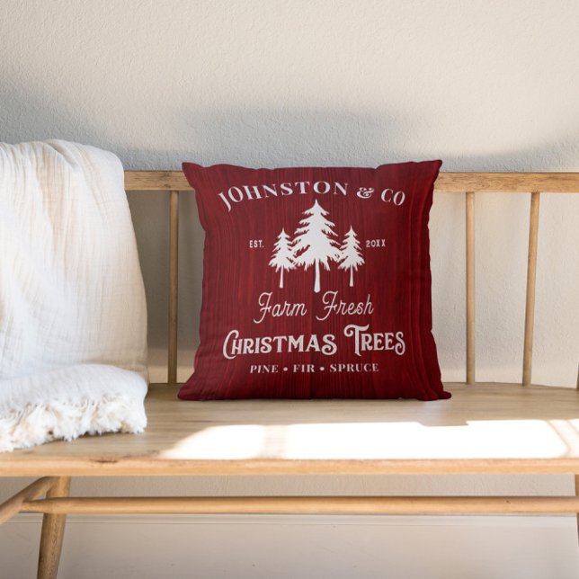 Red Rustic Barnwood Christmas Tree Farm Cushion (Creator Uploaded)