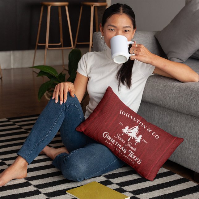 Red Rustic Barnwood Christmas Tree Farm Lumbar Cushion (Creator Uploaded)