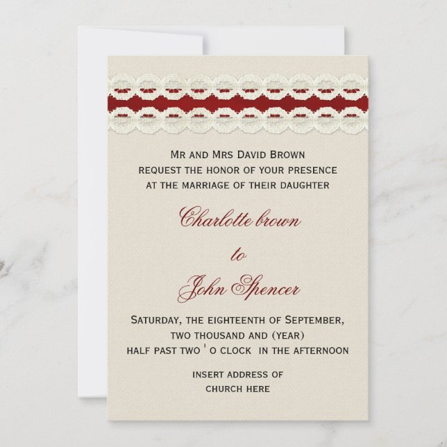 Red Rustic burlap and lace country wedding Invitation (Front)