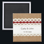 Red Rustic burlap and lace country wedding Magnet<br><div class="desc">Red Rustic burlap and lace country wedding design


Disclaimer: The burlap and lace are not real materials,  these are just printed designs.</div>