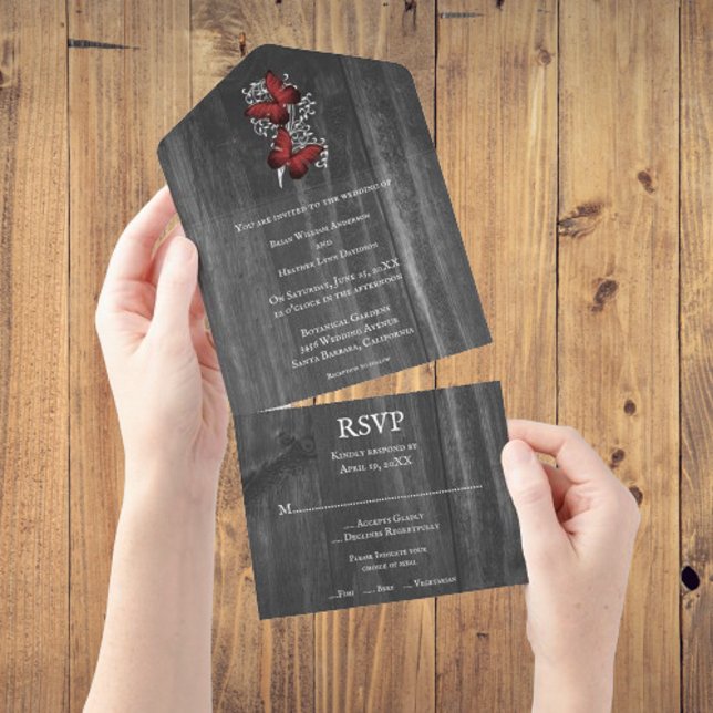 Red Rustic Butterfly All in One Wedding Invite (Red Rustic Butterfly All In One Wedding Invite)