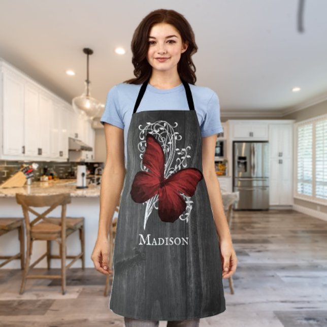 Red Rustic Butterfly Personalised Apron (Red Rustic Butterfly Personalized Apron)