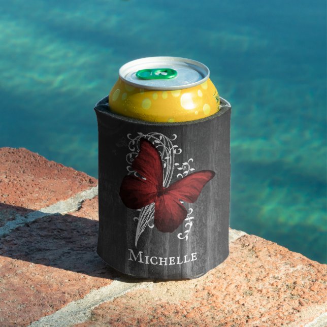 Red Rustic Butterfly Personalised Can Cooler (In Situ Pool)