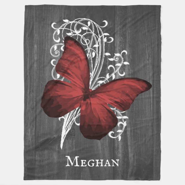 Red Rustic Butterfly Personalised Fleece Blanket (Front)