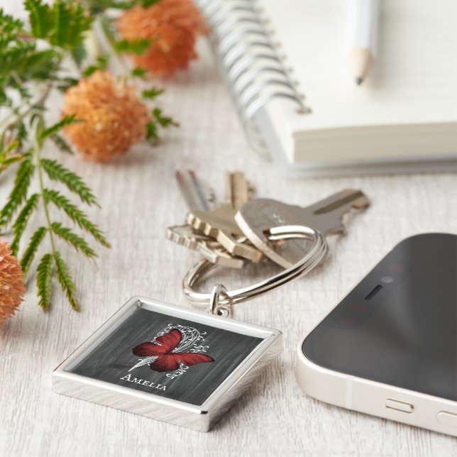 Red Rustic Butterfly Personalised Keychain (Side)
