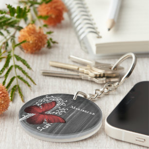 Red Rustic Butterfly Personalised Keychain