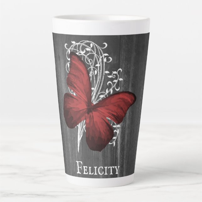 Red Rustic Butterfly Personalised Latte Mug (Front)