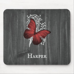 Red Rustic Butterfly Personalised Mouse Pad