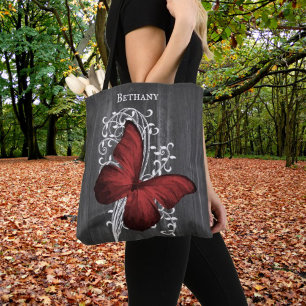 Red Rustic Butterfly Personalised Tote Bag
