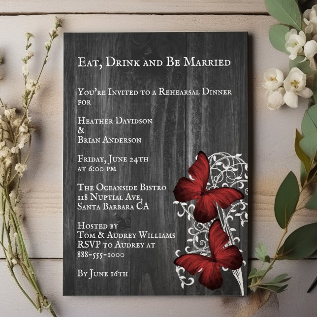 Red Rustic Butterfly Wedding Rehearsal Dinner Invitation (Red Rustic Butterfly Wedding Rehearsal Dinner Invitation)