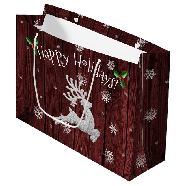 Red Rustic Christmas Reindeer Gift Bag (Front Angled)