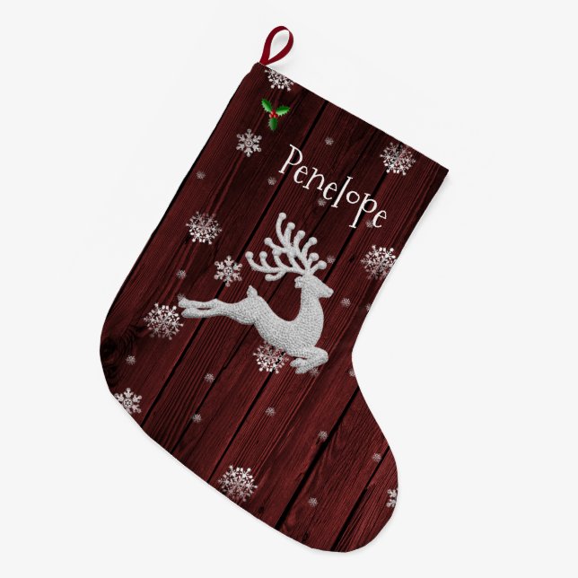 Red Rustic Christmas Reindeer Stocking (Front (Hanging))