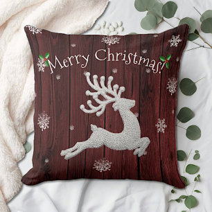 Red Rustic Christmas Reindeer Throw Pillow