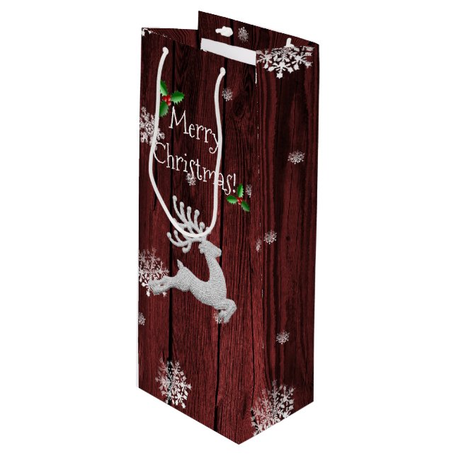 Red Rustic Christmas Reindeer Wine Gift Bag (Front Angled)