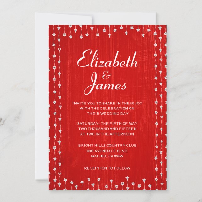 Red Rustic Country Barn Wood Wedding Invitations (Front)