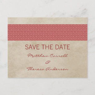 Red Rustic Damask Save the Date Postcard