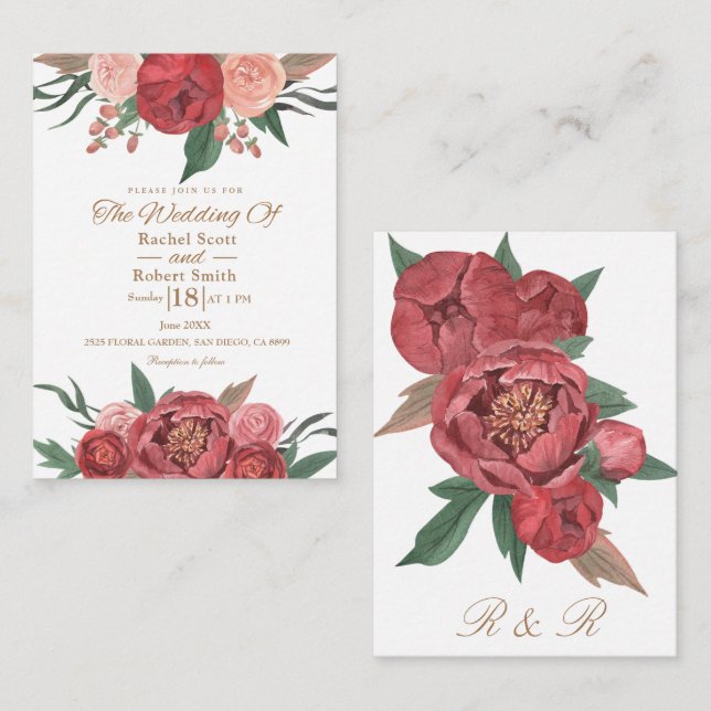Red Rustic Elegant Floral Wedding Invitation (Front/Back)