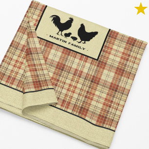 Red Rustic Farmhouse Plaid Chicken Family Name Tablecloth