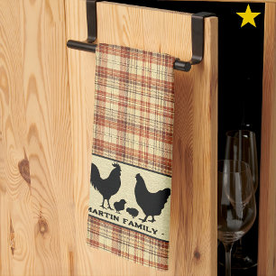 Red Rustic Farmhouse Plaid Chicken Family Name   Tea Towel