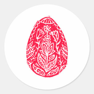 Red Rustic Floral Easter Egg Linocut Classic Round Sticker