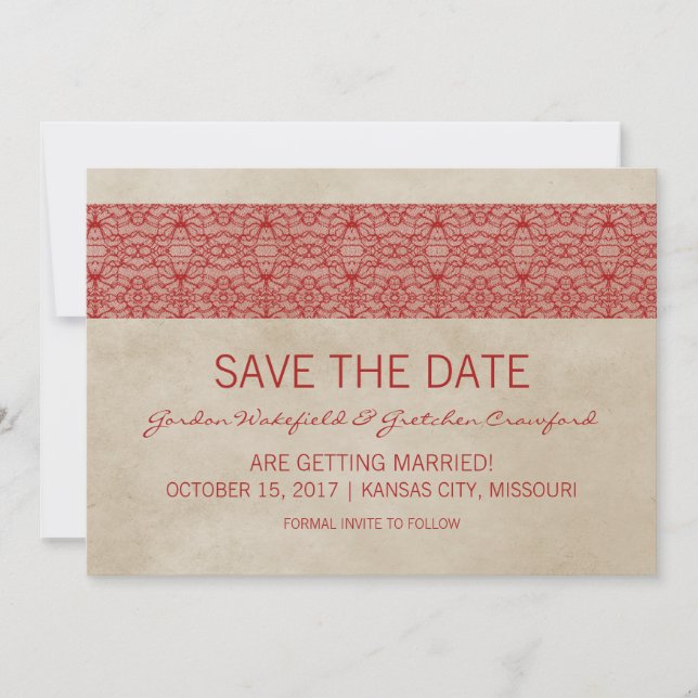 Red Rustic Lace Save the Date Invite (Front)