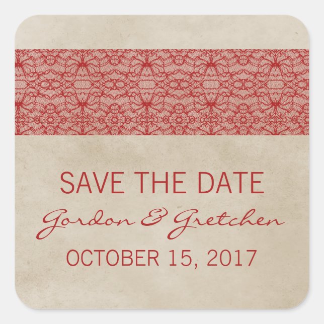 Red Rustic Lace Save the Date Stickers (Front)