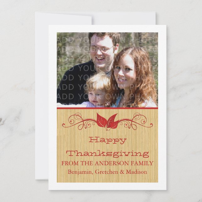 Red Rustic Leaves Thanksgiving Photo Flat Card (Front)