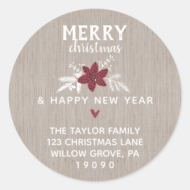 Red Rustic Merry Christmas Return Address Classic Round Sticker (Front)