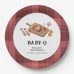 Red Rustic Plaid Country Baby Q Baby Shower  Paper Plate