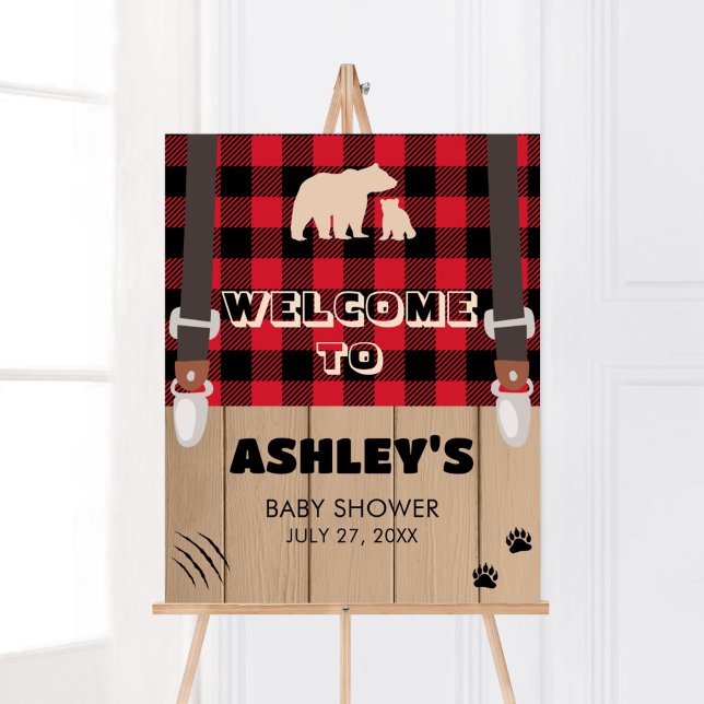 Red Rustic Plaid Lumberjack Baby Shower Welcome Poster (Plaid Lumberjack Baby Shower Welcome Sign)