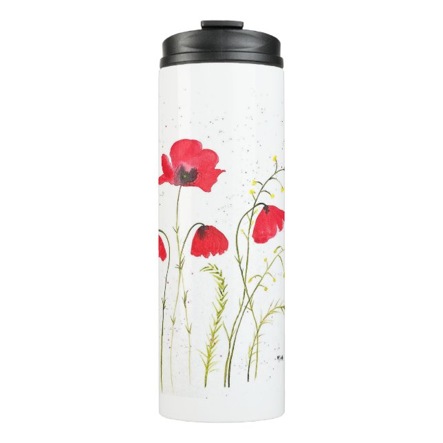 Red rustic poppies flowers thermal tumbler (Front)