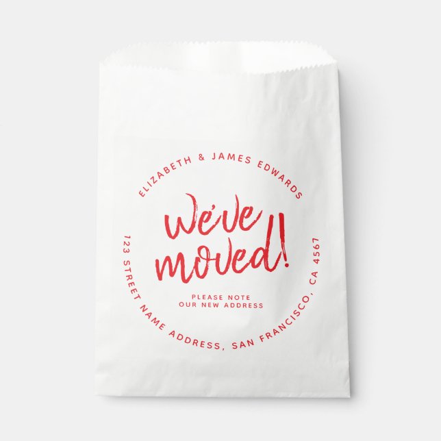 Red Rustic Script We've Moved New Address Favour Bags (Front)