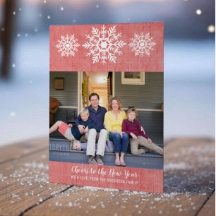 Red Rustic Snowflake New Year's Photo Flat Card