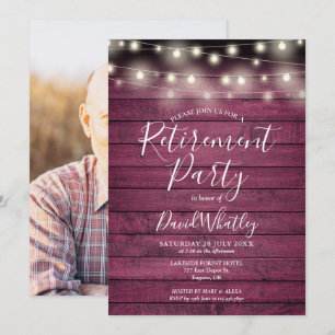 Red Rustic String Lights Photo Retirement Party Invitation