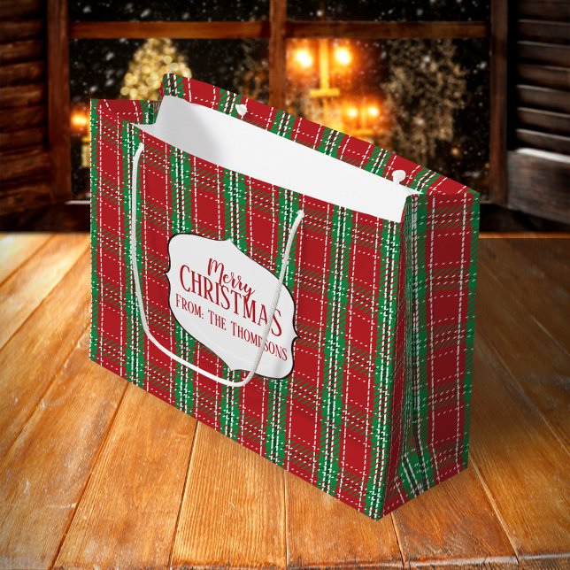 Red Rustic Tartan Plaid Pattern Winter Holiday Large Gift Bag (Merry Christmas red and green plaid pattern large gift bag)