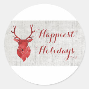 Red Rustic Watercolor Deer Holiday Classic Round Sticker