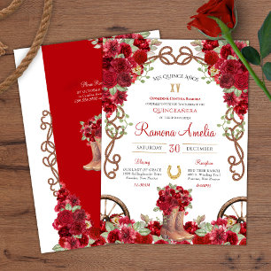 Red Rustic Western Charro Cowboy Boots Quince  Invitation