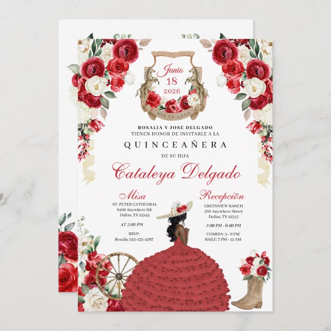 Red Rustic Western Charro Princess Quinceañera Invitation (Front/Back)