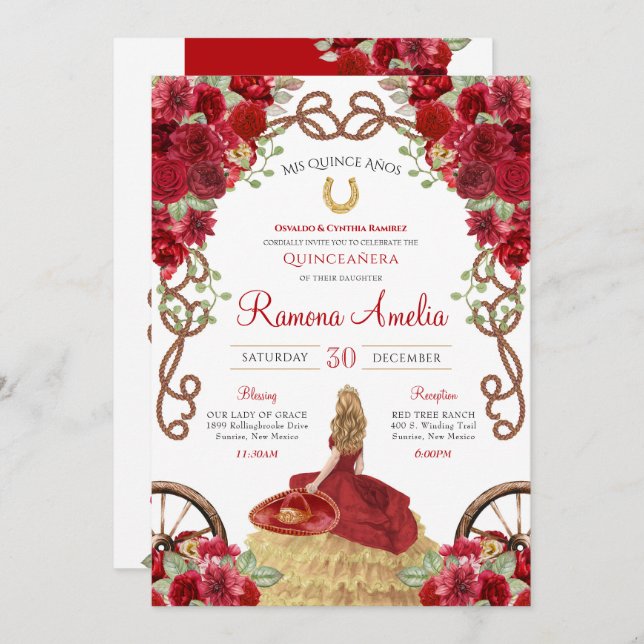 Red Rustic Western Floral Charro Quinceanera  Invitation (Front/Back)