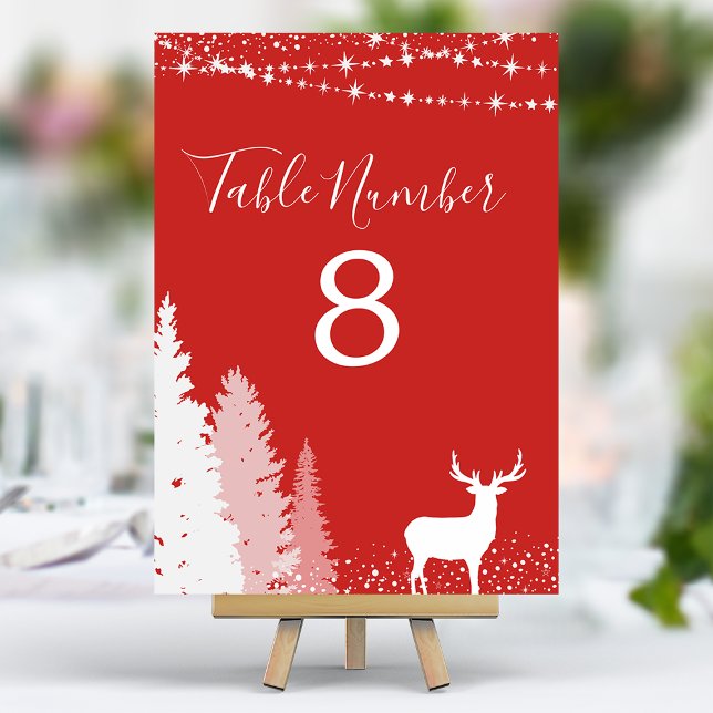 Red Rustic Winter Woodland Deer Red Table Number (Creator Uploaded)