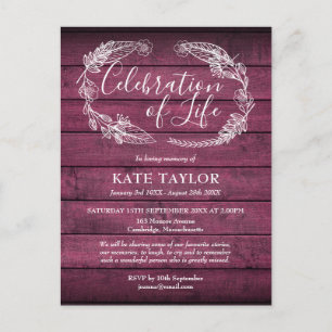 Red Rustic Wood Celebration of Life Funeral Announcement Postcard