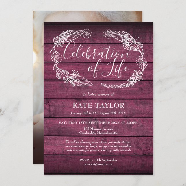 Red Rustic Wood Funeral Celebration of Life Photo  Invitation (Front/Back)