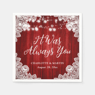 Red Rustic Wood String Lights Floral Lace Wedding Napkin
