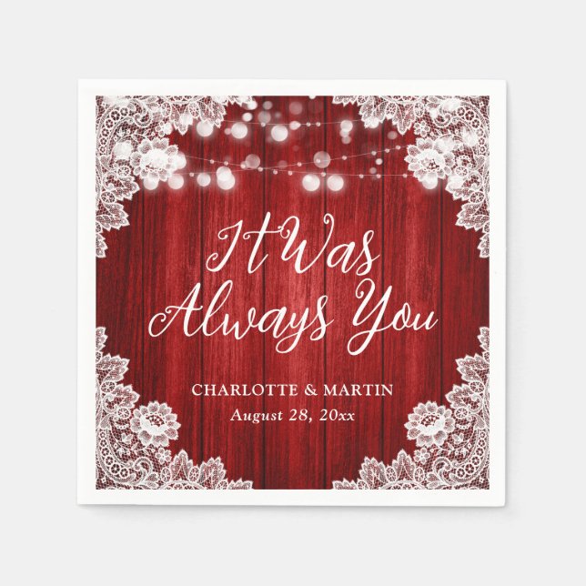 Red Rustic Wood String Lights Floral Lace Wedding Napkin (Front)