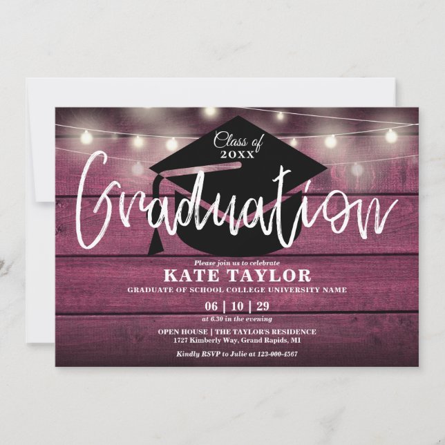Red Rustic Wood String Lights Graduation Party Invitation (Front)