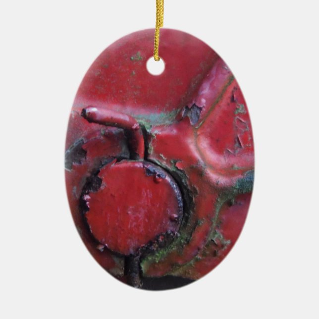 Red rusty truck close-up ceramic tree decoration (Front)